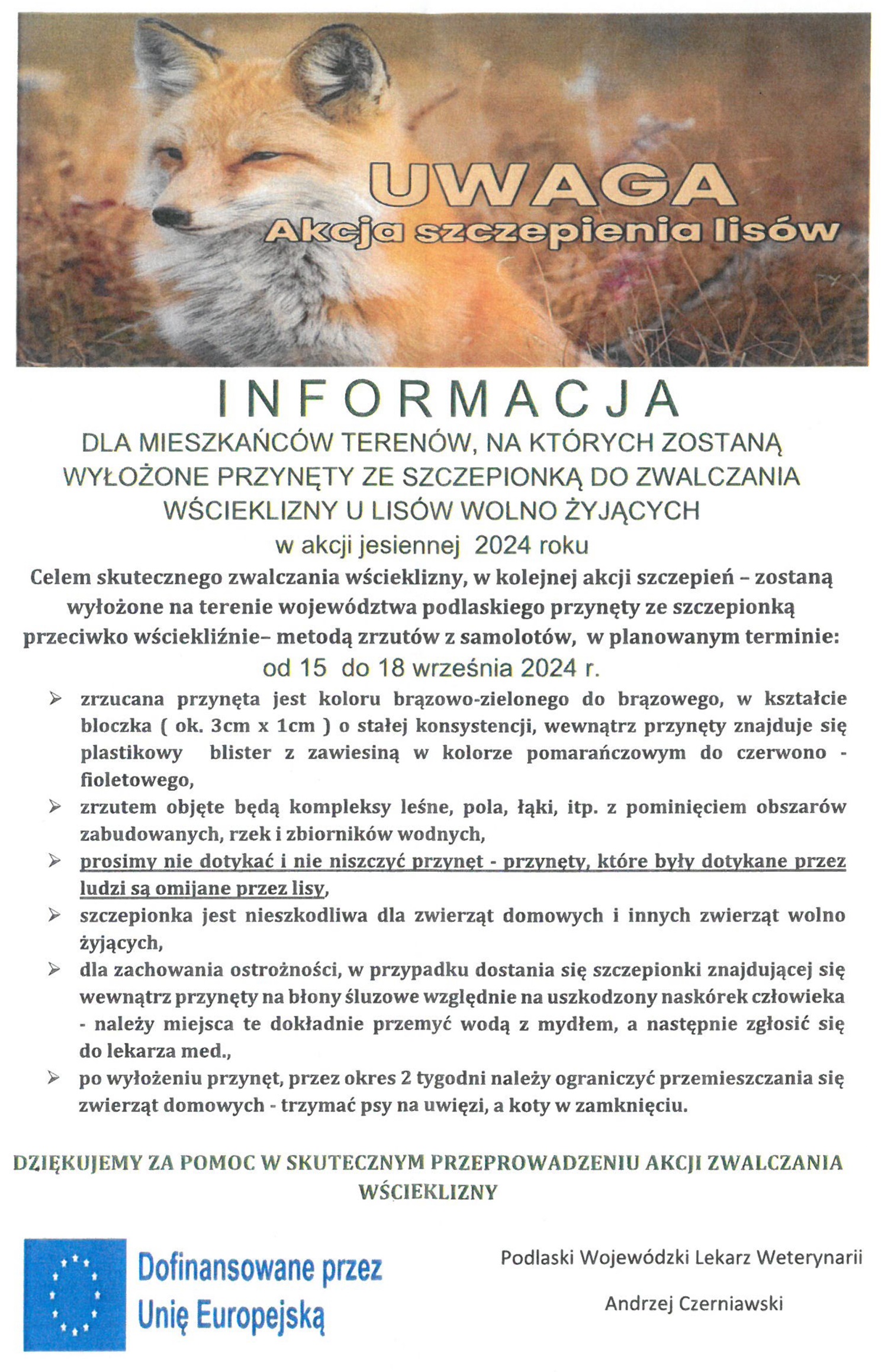 UWAGA - Akcja szczepienia lisów
