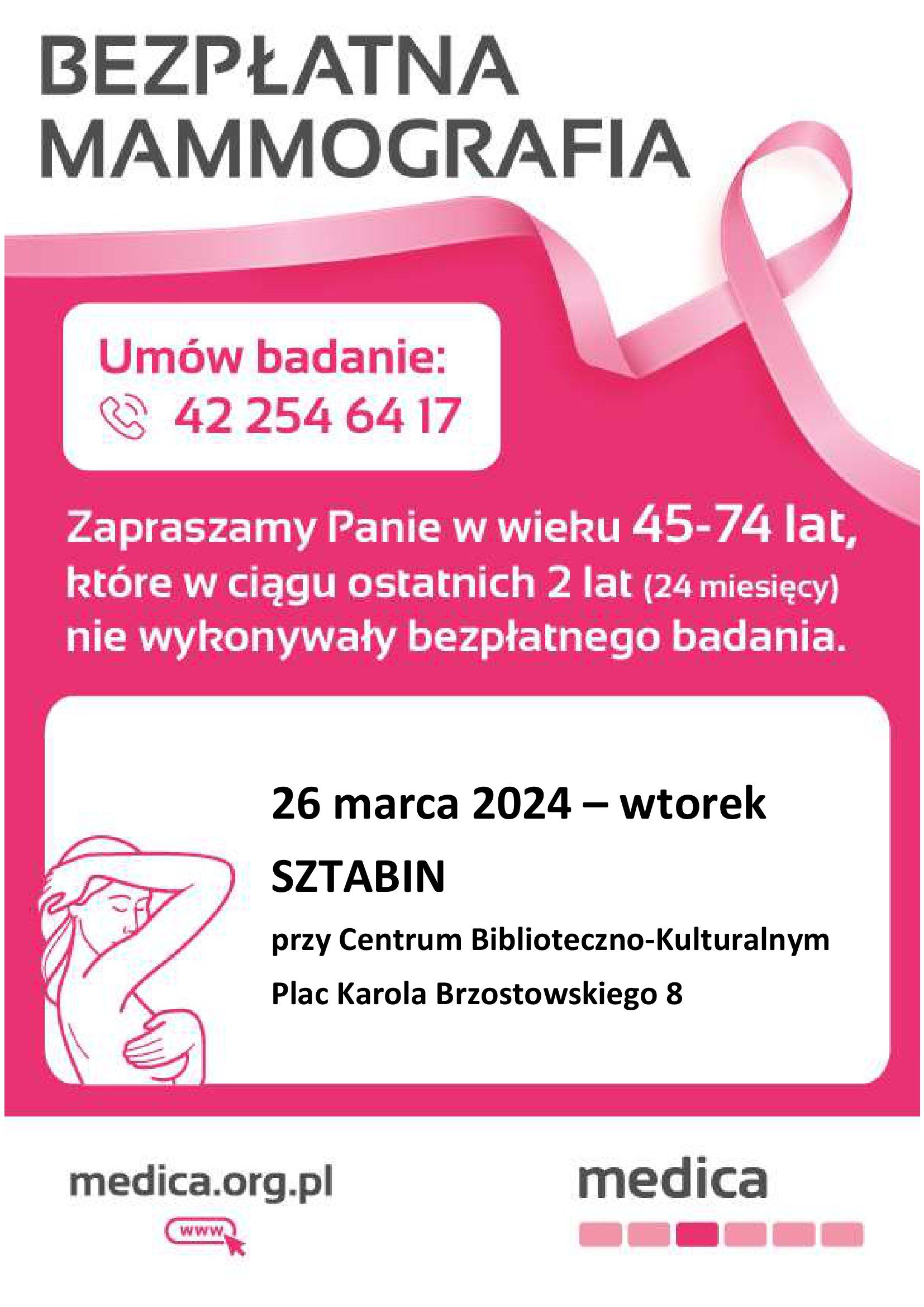 Bezpłatne badania mammograficzne w Sztabinie
Zapraszamy wszystkie mieszkanki gminy Sztabin w wie...